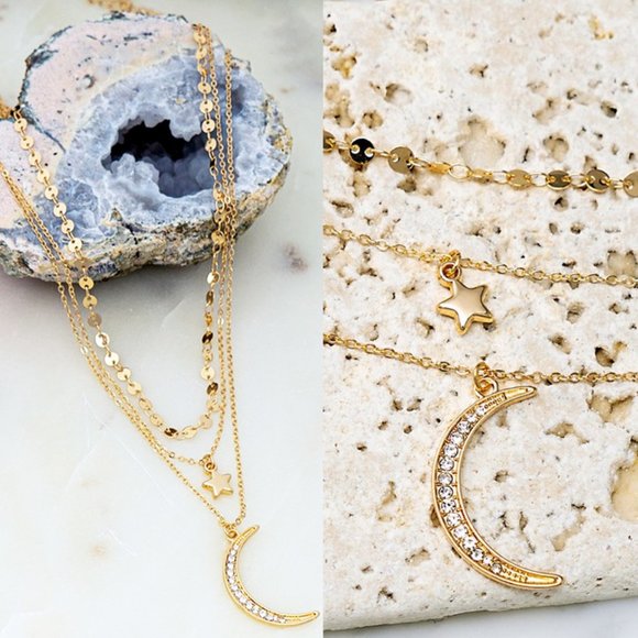 LA3accessories Jewelry - Crescent Moon Star Multi Chain Disk Choker Neklace